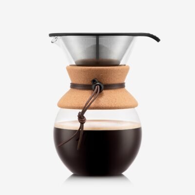 BODUM 17oz Pour Over Coffee Maker, High-Heat Borosilicate Glass with Reusable Stainless Steel Filter and Cork Grip – Made in Portugal