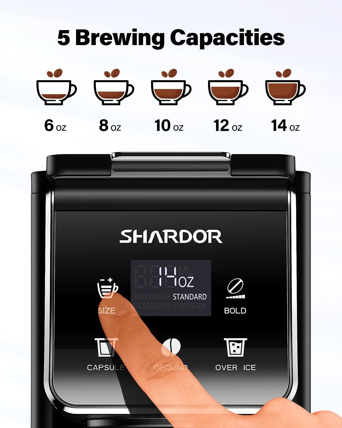 SHARDOR Coffee Maker Hot & Iced With Bold Setting,Single Serve Coffee Maker For K Cup And Grounds,52 Oz Removable Water Tank,6-14 Oz Brew Sizes,One Cup Kcup Coffee Machine With Reusable Filter, Black - Image 6