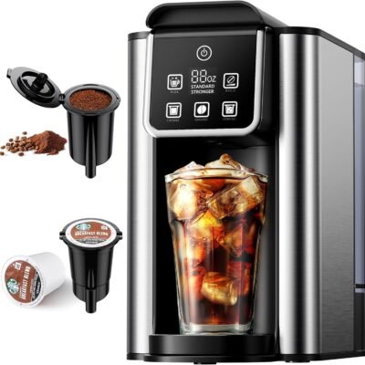 Hot & Iced Coffee Maker with Bold Setting, Single Serve Coffee Maker for K Cup and Grounds, 6-14 Oz Brew Sizes, 50 Oz Removable Water Tank, One Cup Coffee Machine with Reusable Filter, Black