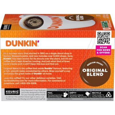 Dunkin\’ Original Blend Medium Roast Coffee, 60 Keurig K-Cup Pods